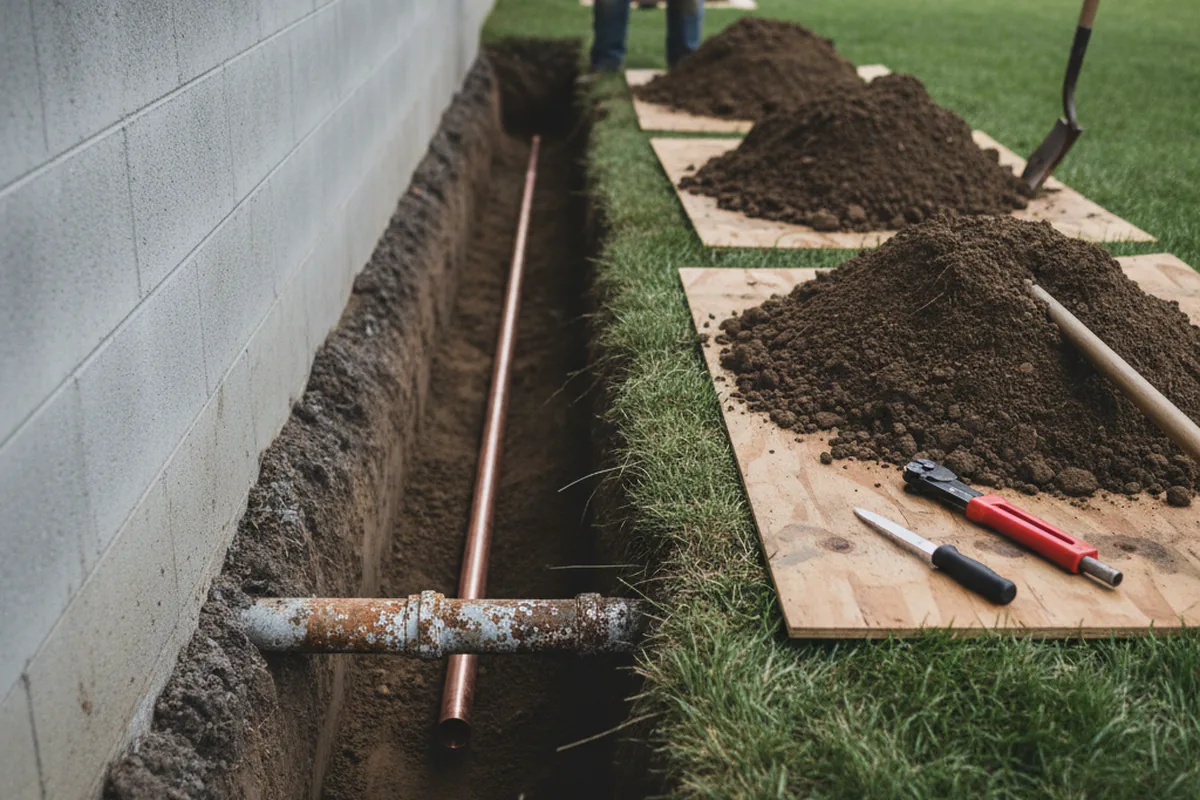 Excavated water line trench during Sewer Line Repair in Watertown